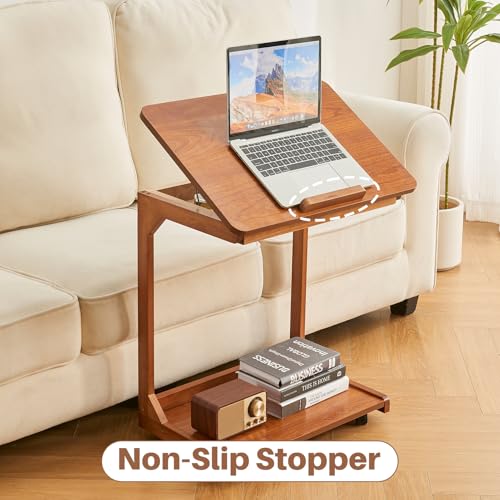 Image of Uniclinens Rolling Side Table, C Shape End Table Slide Under Sofa, Couch Tables, Wooden Sofa Desk with Wheels, Small TV Tray for Laptop Living Room Bedroom, Teak