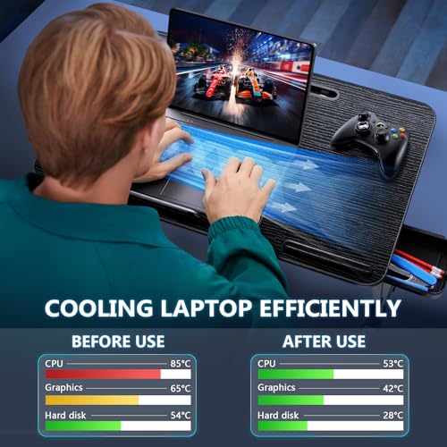 ICARE Mesa Cama, Mesa Portatil Ordenador con Refrigerador Portatil, Soporte de Tableta y Cajón, Mesa Plegable Regulable en Altura y Ángulo, Bandeja para Cama, Sofa, Suelo (53 x 30 cm, Negro) - imagen 3