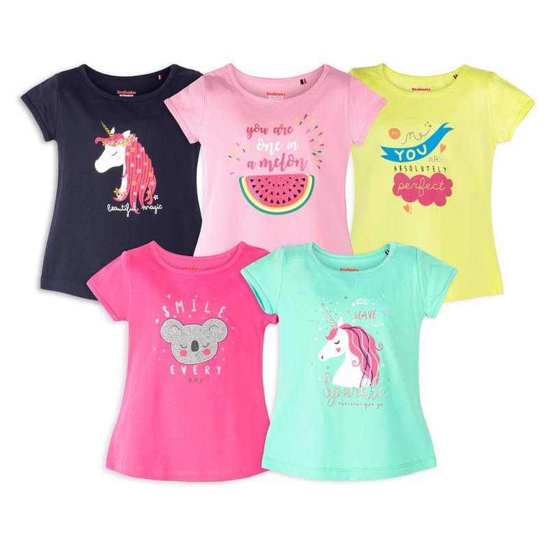 Real Basics Girl's Regular Fit Half Sleeve Multicolor Tshirts Combo Pack (Set of 5)