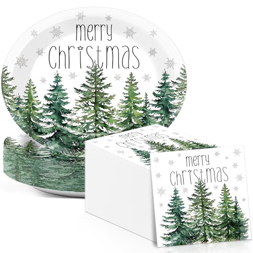 50Pcs Christmas Tree Oval Paper Plates Napkins 11 Inch Merry Christmas Watercolor Cedar Snowflake Disposable Plates Xmas Pine Trees Dinnerware Xmas Dish Tray for Winter Holiday Party Decor Supplies