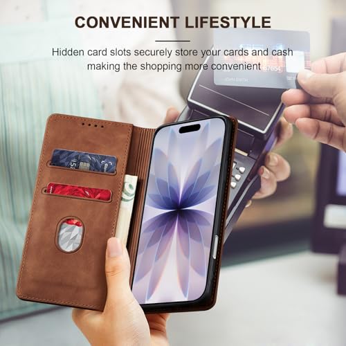 Image of Jasonyu Flip Wallet Case for iPhone 17,Leather Magnetic Folio Cover with Card Holder,Kickstand - TPU Shockproof Durable Protective Phone Case,Brown