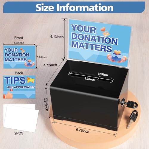 Polmart black Donation Box with Lock - Secure Ballot Box with Removable Sign Holder & 2 Keys - for Money, Cards, Votes, Tickets, Feedback Collection (4.75