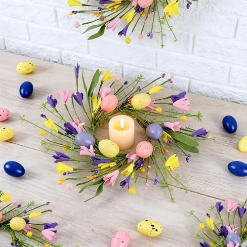 Image of Pillar Candle Ring Wreaths Mini Purple Lavender Table Centerpieces Wreath 9 Inch Wreath for Cabinets Artificial Farmhouse Lavender Wreaths for Front Door Porch Wall Window (6, Easter-2)
