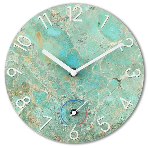 Crosstime Wall Clock Waterproof with Thermometer – 8 Inch Teal Green Marble Grain Silent Glass Clock, Modern Simple Decor for Bathroom, Kitchen,...
