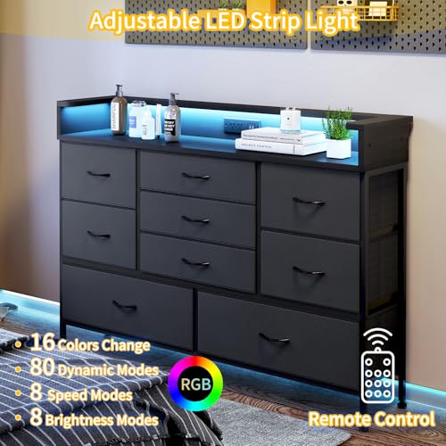 image for Fixwal Black LED Dresser, Dresser with 9 Drawers and Charging Station,