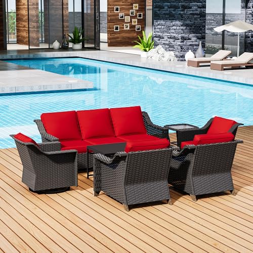 Image of 7 Pieces Outdoor Conversation Furniture Set - 77 inch Patio Sofa, 2 Armchairs, 2 Swivel Glider Chairs, 1 Side Table, 1 Metal Table, Patio Wicker Couch with Washable Cushions for Porch (Red) | Patio Chair Set with Olefin Removable Cushion, All-Weather Outdoor Couch with Deep Seat for Porch, Deck and Backyard, Red