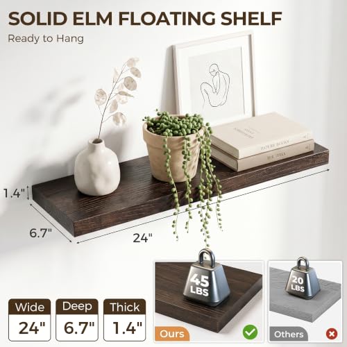 Image of Elm Floating Shelves for Wall - 24 in Rustic Solid Wood Shelves with Heavy-Duty Invisible Bracket, Wall-Mounted Wooden Shelf for Living Room, Bathroom, Kitchen Storage & Display, Set of 2, Walnut