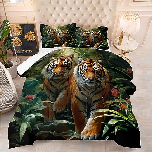 Ydtwnyq Tiger Bedding Set Twin, Dark Green Comforter Set, Tropical Plants Wildlife Animal Tiger Comforter Set Quilt Cover with 2 Pillowcases for Kids Teens Adults，Twin