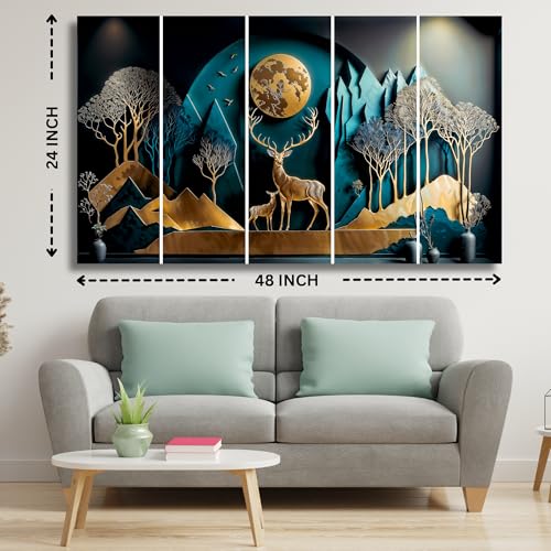 Image of Vastu Golden Deer with Moon Wall Painting Set of 5 | MDF Wall Art with Sparkle Laminated Finish | Big Size Wall Painting for Living Room & Bedroom | Elegant Wall Decor for Home & Office