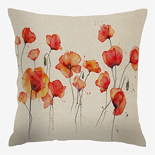 Hysing Red Poppies Throw Pillow Covers 18 X 18 Inch,Watercolor Flower Wild Red Poppy Linen Square Pillow Cases Decorative Cushion Cover For Sofa Bedroom Living Room #TOP17