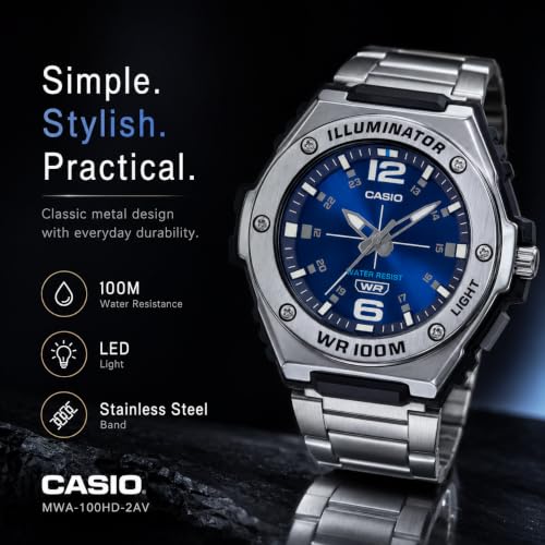 Image of Casio MWA100H Series | Men's Analog Watch |100M WR | Stainless Steel Bezel | LED Illuminator Backlight with Afterglow | Resin Band | 3 Hands (HR, MIN, SEC) | 3 Year Battery
