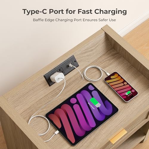 Image of SICOTAS Rattan Nightstands Set of 2 Bedside Table - Boho Night Stand with Type-C Charging Station, Wicker Decor Drawer Storage End Table Night Stands for Bedroom - Light Oak
