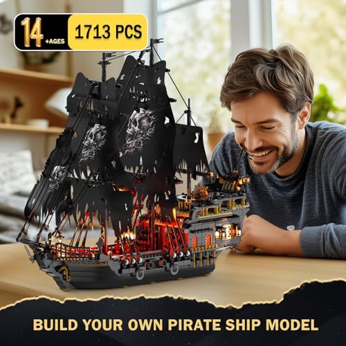 Image of JMBricklayer Pirate Ship Building Toys with Lights, Pearl Pirate Ship Model Boat Kit 40002, Black Ship Toy Building Sets for Adult Teens 14+, Home Office Decor Valentines Gifts(1713 PCS) New Upgrade