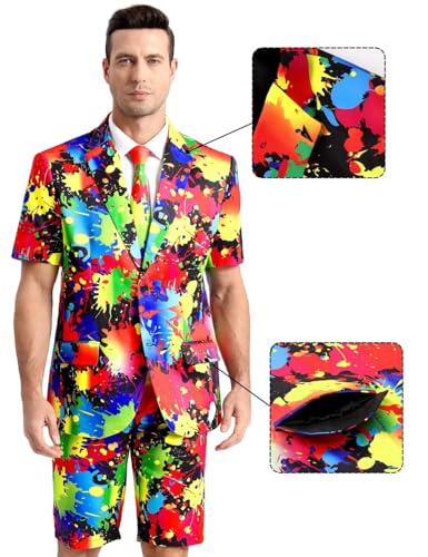 Men's 3-Piece Pride Rainbow Suits, Two Buttons Short Sleeve Blazer & Shorts & Tie3
