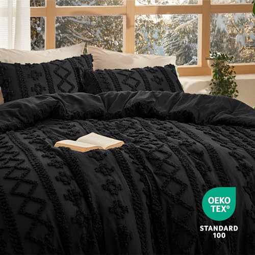 Bedsure Tufted Boho Comforter Set California King - Black Boho Bed Set, GentleSoft™ 3 Pieces Farmhouse Shabby Chic Embroidery Bedding, Gifts for Woman, Soft Jacquard Comforter for All Seasons
