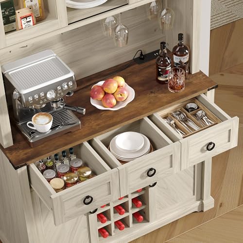 YITAHOME 72 Tall Farmhouse Kitchen Pantry Cabinet with Drawers, Bar Rack, and LED Lights - Off White/Walnut