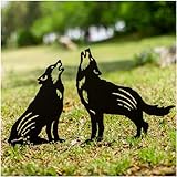 ウルフメタルガーデンステークス装飾、男性/女性/祖父母へのオオカミのギフト オオカミ愛好家へのギフト、黒いオオカミのシルエット像 庭の装飾 屋外装飾 庭のアート パティオ、芝生の装飾品、2パック