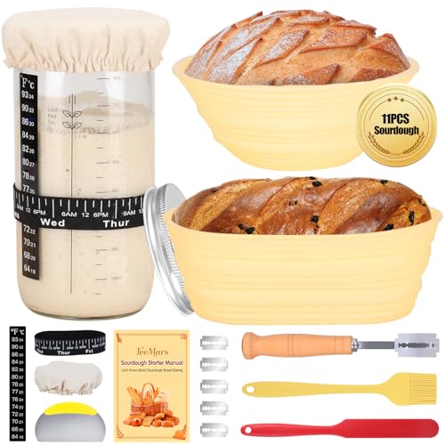 TeeMars Sourdough Bread Starter Kit, 34oz Sourdough Starter Jar, 2 Bread Proofing Baskets, Thermometer, Feeding Time Tracker, Metal Scraper, Easy to Clean, Complete Sourdough Bread Baking Supplies by TeeMars - Used condition - CA$20.35