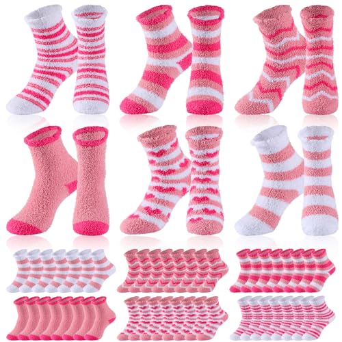 Image of Unittype 24 Pairs Fuzzy Socks Bulk Women Pink Fluffy Socks Soft Cabin Comfy Plush Warm Slipper for Winter Valentines Day