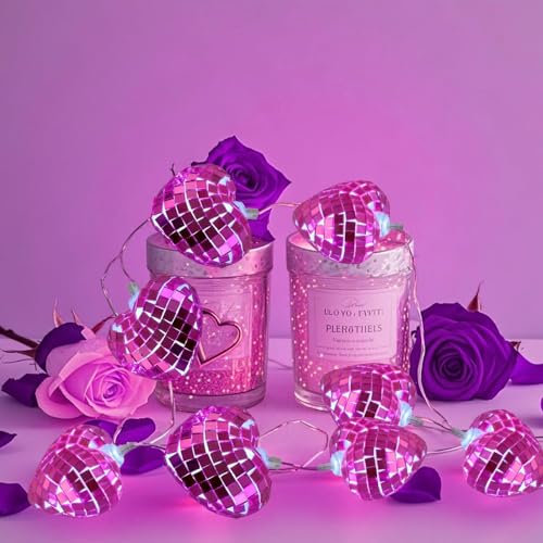Image of 24 Valentine's Day Disco Ball String Lights LED Love-Heart Mirror Disco Ball Ornaments Bachelorette Party Supplies Mini Disco Ball Tree Ornament Disco Ball with String (Pink)