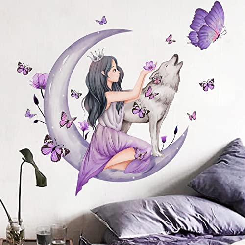 OOTSR Butterfly Girl Wall Stickers,Moon Wolf Flower Fairy Wall Decal,Pink Floral Wall Mural Colorful Butterflies Wall Decor - Image 2