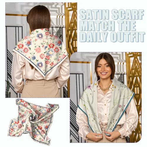 2PCS Scarf Silk Feeling Satin Head Hair Wrap Lightweight Large Square Fashion Cute Aesthetic 27.5 Inches for Women4