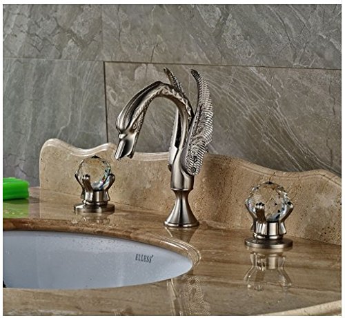 Robinet de lavabo salle de bain nickel brossé double poignées cristal et bec en cygne