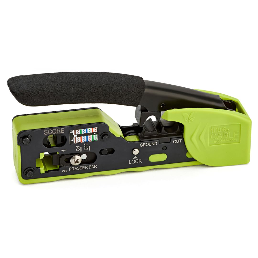 - trueCABLE Crimp Tool for Pass Through RJ45 - All-in-One Ethernet Crimper, Cutter, Stripper - Works with Cat5e, Cat6, Cat6A Shielded and Unshielded Connectors