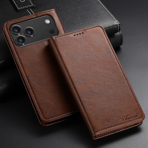 Étui iPhone 16 Pro Max café avec clapet magnétique et protection cuir portefeuille