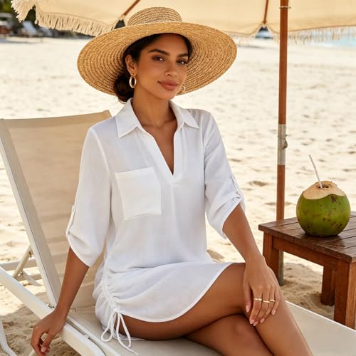 Image of SANNIDHI Crochet Cover Up for Women Loose Fit Beach Cover Up Stylish Boho V Neck Hollow Summer Top Coverup - Fits for Weight 50-70kg and Height 160-178cm