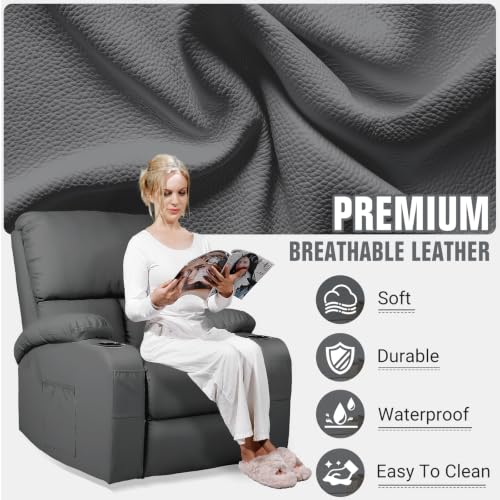 Image of LEVELEVE Rocking Recliner Chair, Massage Rocker Recliner Chair with Vibration Massage and Heat,USB and Type-C Ports, 360 Swivel Faux Leather Chairs, Living Room, Bedroom, Nursery, RV, Dark Grey