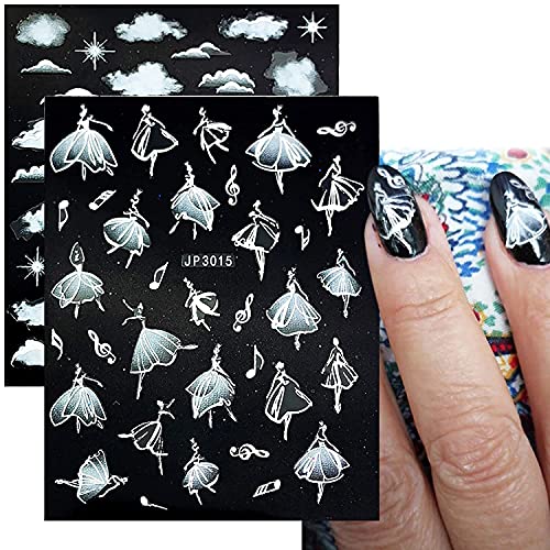 5D Embossed Relief Stereoscopic Pattern White Nail Art Stickers， Self-Adhesive White Snowflakes Sparkle Stars Nail Decals Design For Women Diy Acrylic Nail Decoration Supplies（6 Sheets） #TOP4