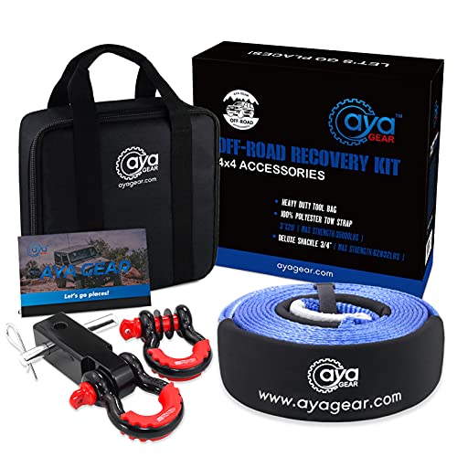 AYA Gear Off Road Recovery Gold Kit | 3" x20' (35,000 lbs) 100% Nylon Tow Strap + 2" Shackle Hitch Receiver + 3/4 Shackles (2pcs) with Isolator +Storage Bag| Recovery Gear Combos 4x4 Winch Accessor