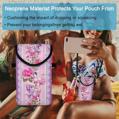 Image of Neoprene Cell Phone Sleeve Pouch Case Bag with Crossbody Strap Neck Lanyard for Women 7.5 X 4.3 in Pink Flower Wall