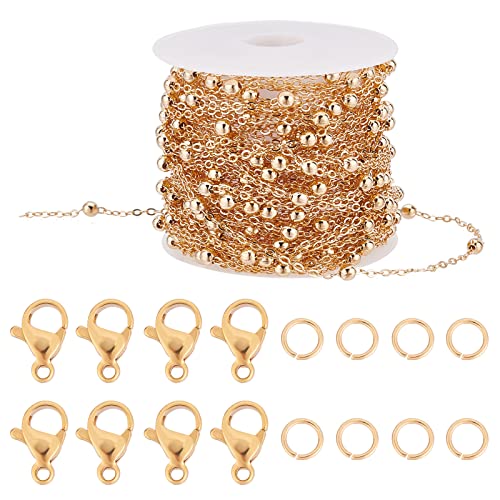 Beebeecraft Cadenas Chapadas En 18 quilates Oro de 32.8 pie para Hacer Joyas Cadena de Cable de Eslabones con Cuentas de Bola con 20 cierres de Pinza de Langosta Y 50 anillos de Salto