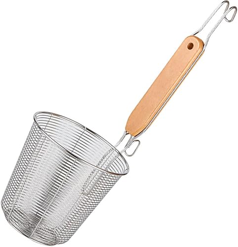 ZzzaNa Cesta de pasta de malla de acero inoxidable con mango de madera, colador de fideos para pasta, cuchara de espagueti, espumadera de cocina,