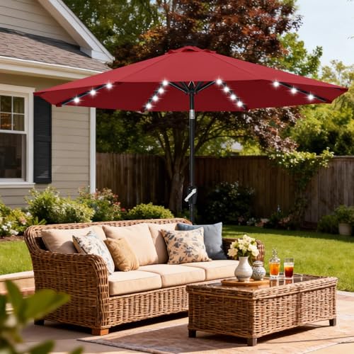 Image of ABCCANOPY Durable Solar Led Patio Umbrellas with 32LED Lights 9FT (Burgundy)