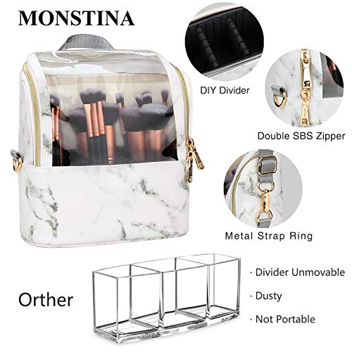 Makeup Brush Case Stand-up Makeup Cup Makeup Brush Holder Travel Professional Cosmetic Bag Artist Storage Bag with Shoulder Strap and Adjustable Divider (Marble)