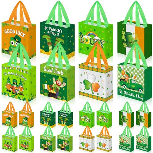Eaasty 96 Pack St Patricks Day Gift Bags Bulk Reusable St. Patrick's Day Goodie Shopping Bags Green Irish Shamrocks Clover Leprechauns Non Woven Tote with Handles for Party Favors