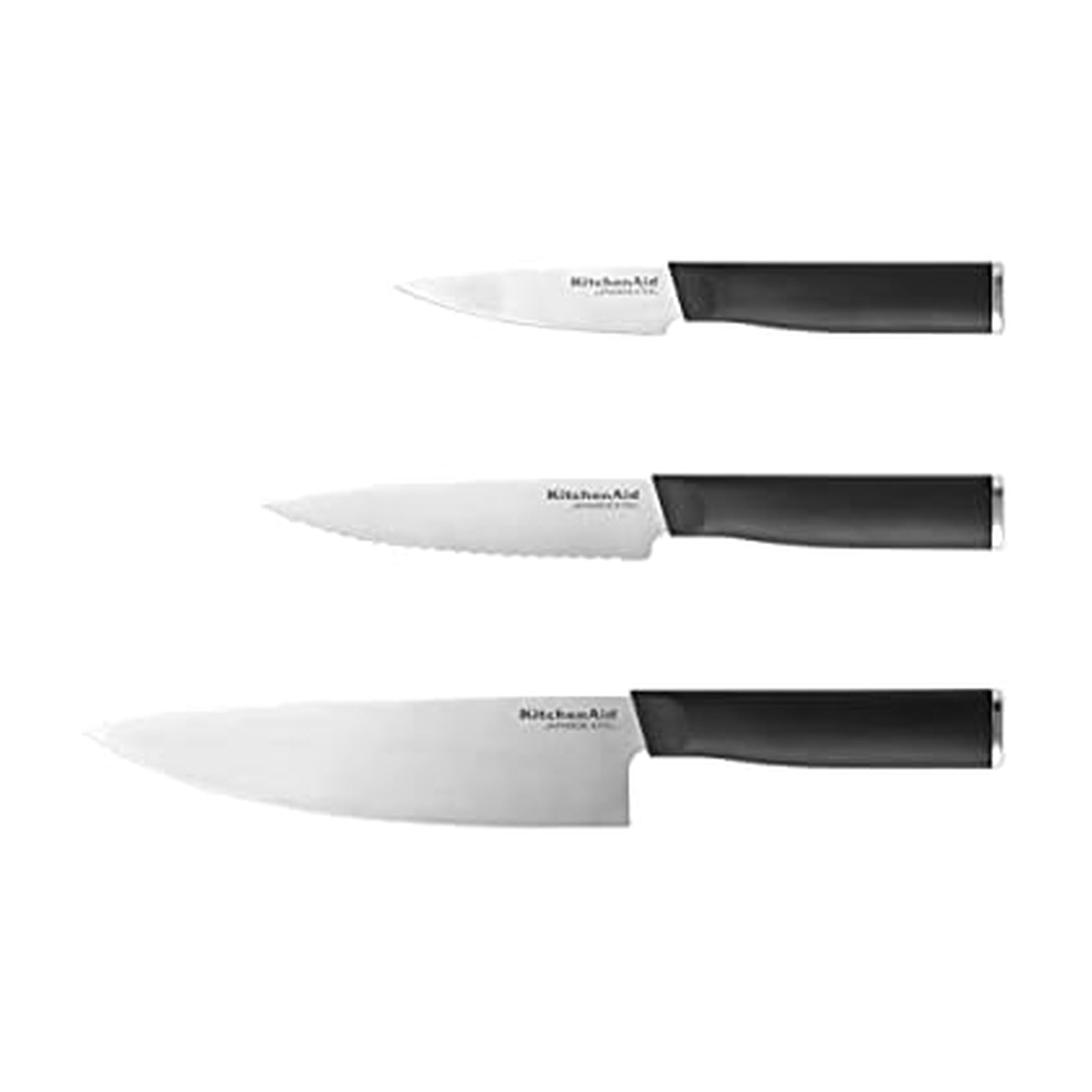 KitchenAid Classic 3 piece Chef Knife Set with Custom Fit Blade Covers, 8 inch Chef Knife, 5.5 inch Serrated Utility Knife, 3.5 inch Paring Knife, High Carbon Japanese Stainless Steel Blade, Black