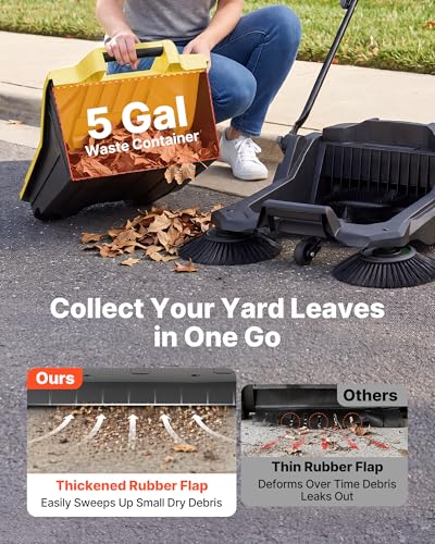 Image of VEVOR Walk-Behind Hand Push Floor Sweeper, Manual Floor Sweeper Non-Electric with 25.6 inch Sweeping Width, 5 Gallons Waste Container & Adjustable Folding Handle for Yards Walkways Patios Garages - Yellow