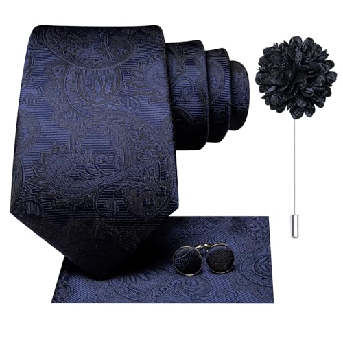Image of Hi-Tie Mens Paisley Floral Striped Ties Set Silk Necktie and Lapel Pin for Men Pocket Square Cufflinks Set Business Wedding