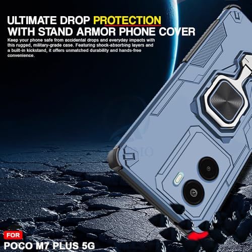 Image of AESTMO Armor Back Cover for Poco M7 Plus 5G | Ring Holder & Kickstand & Camera Protection in-Built | 360 Degree Protection Back Case Cover (Blue)