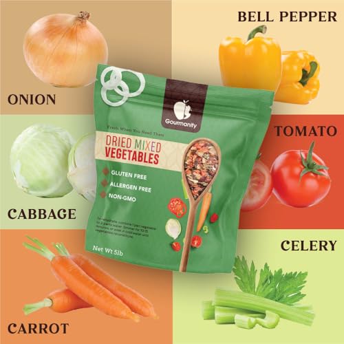 Image of Gourmanity Dehydrated Mixed Vegetables for Soup and Emergency Food, 5lb | Bulk 5lb bag for meal prep and emergency food storage. Onion, carrot, celery, tomato, bell pepper, cabbage. Non-GMO