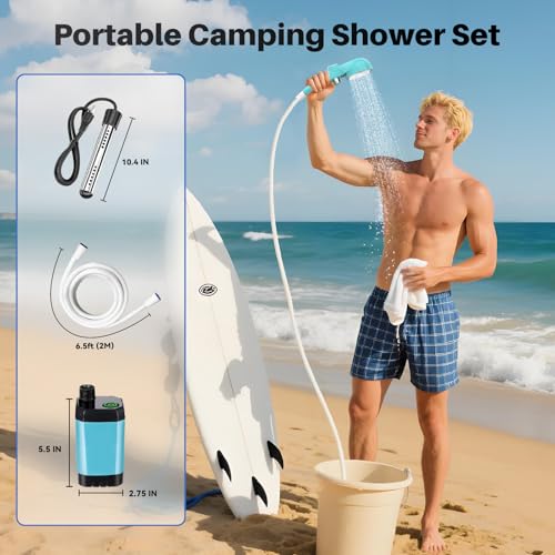 Douche portable de camping avec chauffe-eau 2000W et batterie rechargeable 6000mAh