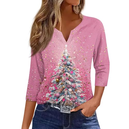 Image of Women Christmas Shirt 3 /4 Length Sleeve Henley Tops Xmas Outfits