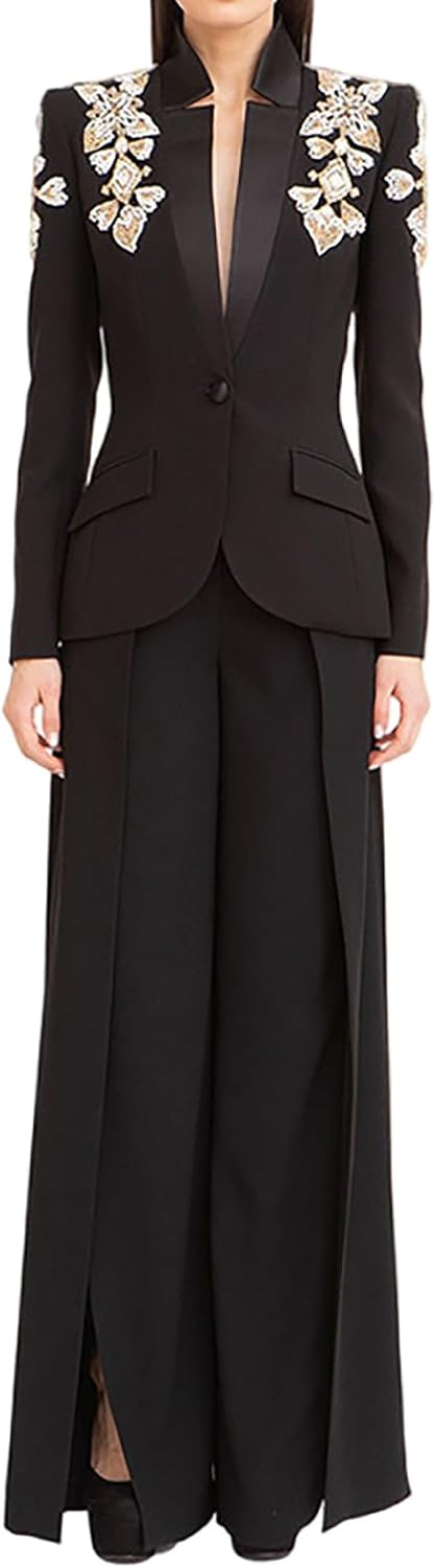 Women's Suit Beaded Diamonds Flower Stand Collar Single Button Blazer Wide Leg Pants Set 2PCS Party Wedding Prom