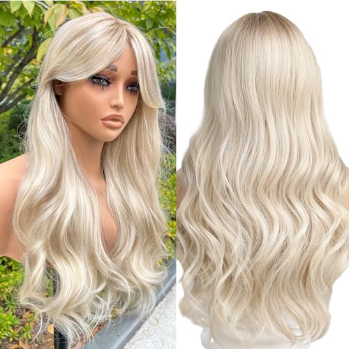 WOKESTAR Long White Blonde Wigs for Women Synthetic Hair Wig with Curtain Fringe, average