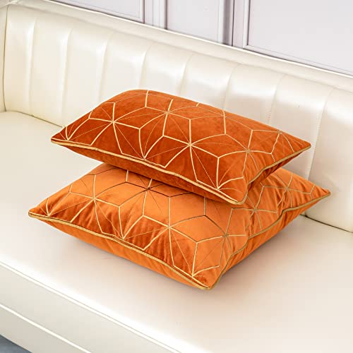 Aeckself 20 X 20 Inch Orange Gold Plaid Geometric Stripes Embroidery Velvet Cushion Case Luxury Modern Square Throw Pillow Cover Pillowcase For Couch Living Room Bedroom Car 50 X 50Cm #TOP2