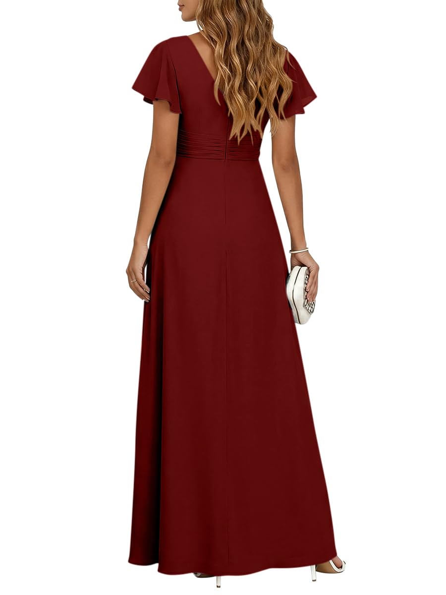 Minetom Damen Abendkleider V-Ausschnitt Hohe Taille A-Linie Chiffon Brautjungfernkleid Elegant Lang Ballkleid Abschlusskleid